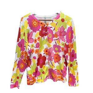 Hanna Anderson Vintage-Inspired Floral Pink Yellow Button-Up Cardigan Sweater M‎